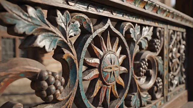 Antique wooden carving with sun and grape motifs.