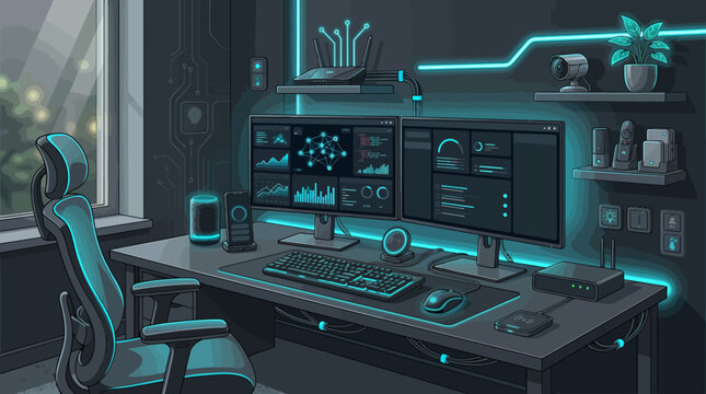 Modern home office setup with dual monitors and blue neon lights