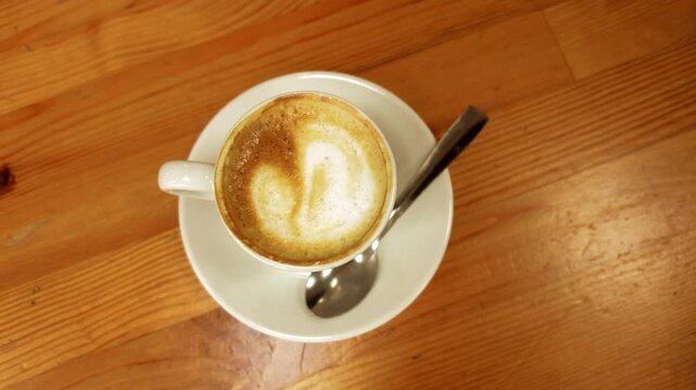 Cup of cappuccino with latte art on a wooden table