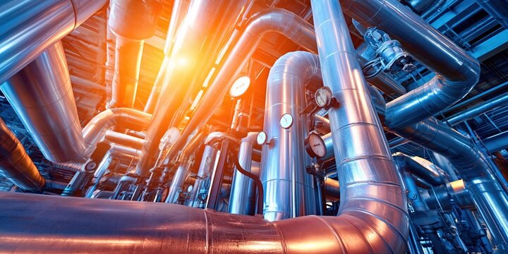 Complex industrial piping system with gauges and valves in a power plant setting