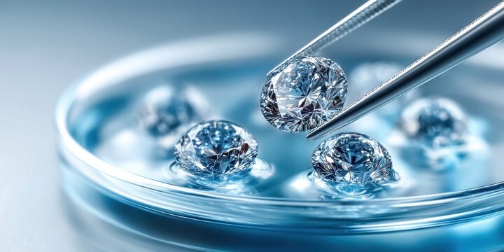 Close-up of lab-grown diamonds being examined with tweezers in a petri dish