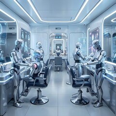 Fototapeta premium Futuristic humanoid robots performing advanced medical procedures or aesthetic treatments in a sterile high tech laboratory setting with glowing digital interfaces