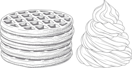 Fototapeta premium Stack of waffles and swirl of whipped cream, line