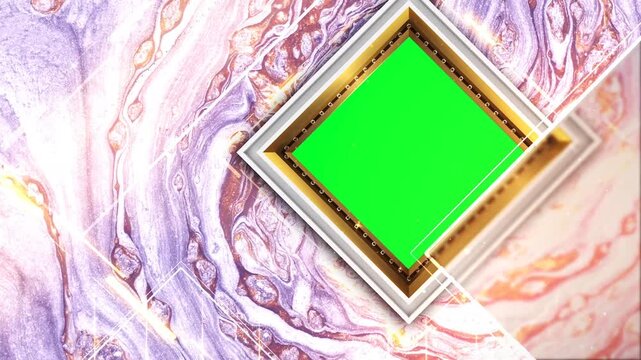 Elegant Rhombus Diamond Border Frame with Chroma Key Green Screen Core over Pastel Marbleized Fluid Art Motion Texture