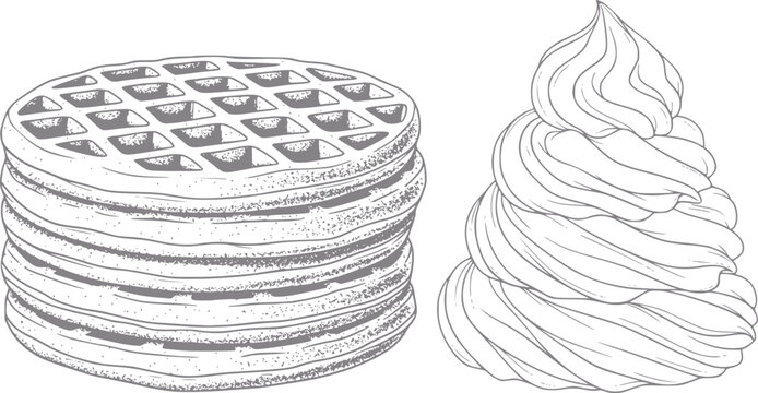 Stack of waffles and swirl of whipped cream, line