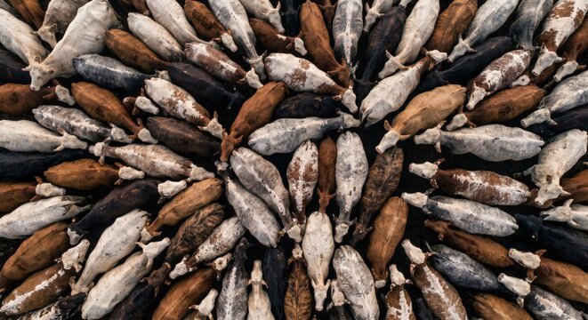 Aerial view of a densely packed herd of cattle with varied brown white and grey coats standing close together on dark ground