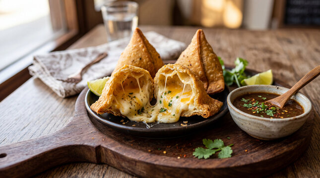 Golden crispy cheese samosas with melted filling, traditional Indian fried pastry appetizers, savory snacks with spicy chutney on wooden board isolated on White Background