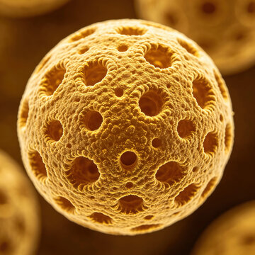 A true scanning electron microscope (SEM) image of corn pollen grains, showing a typical spherical shape, porous surface, and natural outer wall texture, revealing the morphology under SEM.