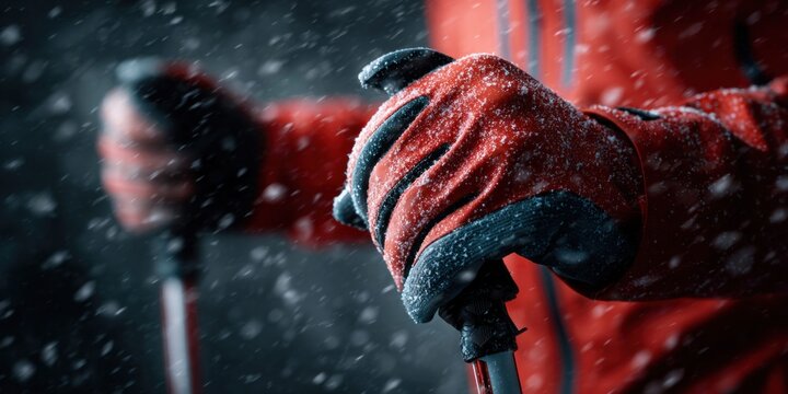 Close-up of a skier's gloved hand holding ski poles during a snowfall