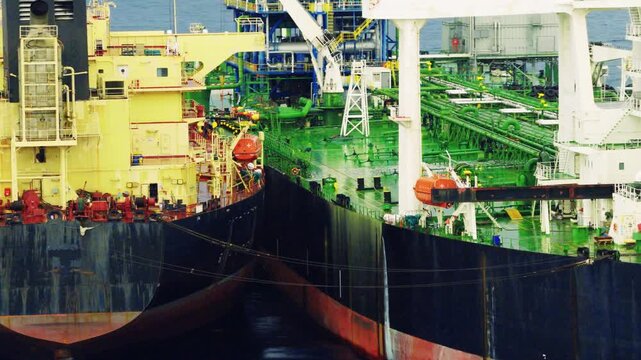 Drone shot of an Iranian ship to ship oil tankers transferring oil evading sanctions