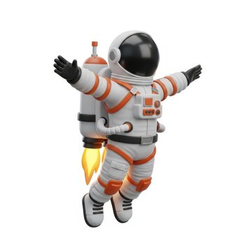 Astronaut toy with arms outstretched in mid-jump isolated on white background