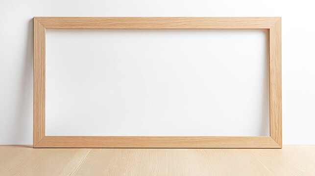 Minimalist A2 size wooden picture frame resting on a light wooden floor against a white wall