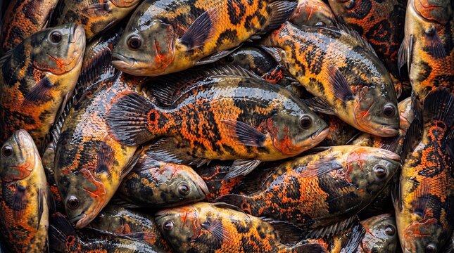 Close up of a pile of vibrant orange and black striped oscar fish with detailed scales and fins cichlid
