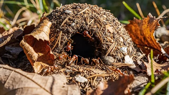 Closeup of an ant colony entrance with ants crawling around in the forest floor debris.