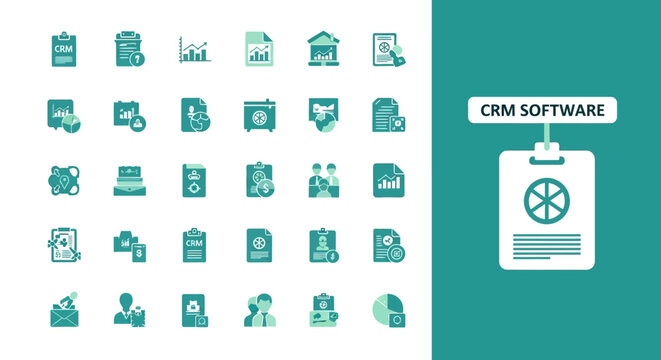 Collection of CRM software icons for business management and customer relationship tools