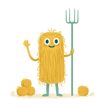 Cute cartoon chick standing next to a microphone with yellow eggs.