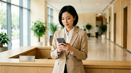 Fototapeta premium Professional businesswoman using smartphone in modern office lobby, corporate communication and digital connectivity concept