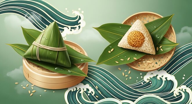 Exquisitely crafted Zongzi rice dumplings, a cornerstone of Chinese culinary heritage, beautifully presented against traditional wave motifs for the festive Dragon Boat Festival celebrations