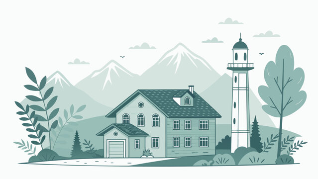 House with attached garage and lighthouse.