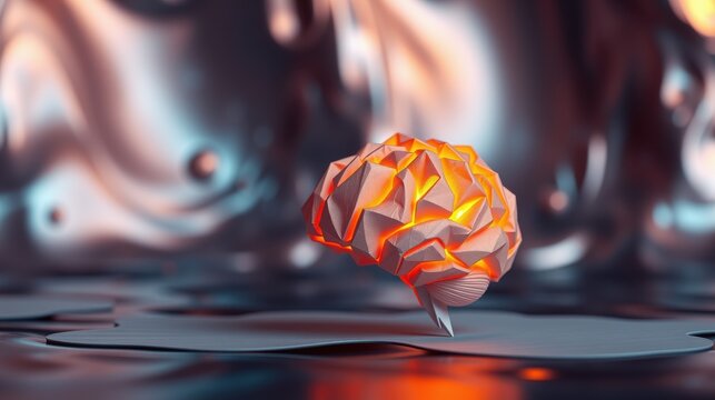 Polygonal brain glows amidst swirling metallic forms. Dramatic lighting creates intense visual impact, highlighting complex structure.