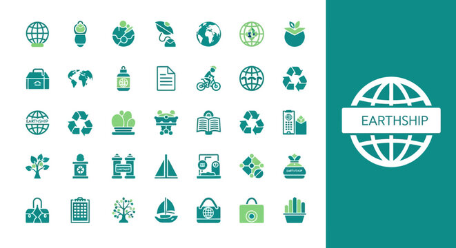 Set of ecological and environmental icons representing sustainability, recycling, and green energy solutions on a teal background