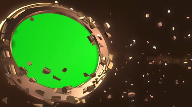 Mechanical Golden cogwheel Frame Fracturing with Round Green Screen Chromakey Core and Explosive Metal Shards Overlay