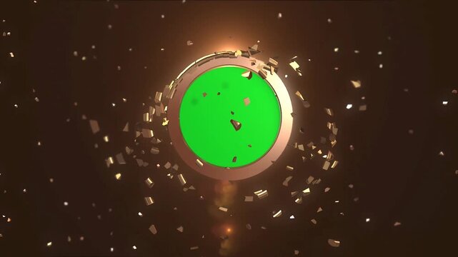 3D Glossy Bronze Ring Bursting Apart into Golden Confetti Shards revealing a Circular Chromakey Screen on Dark Background
