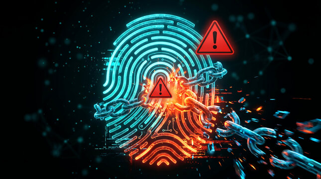 biometric data breach concept with exploding metal chain breaking around a glowing digital fingerprint scanner and red alert warning triangles on abstract dark background