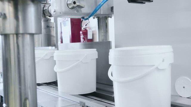 Industrial plastic containers traveling along a conveyor belt inside a bright manufacturing facility, showcasing automated food packaging and factory production workflow