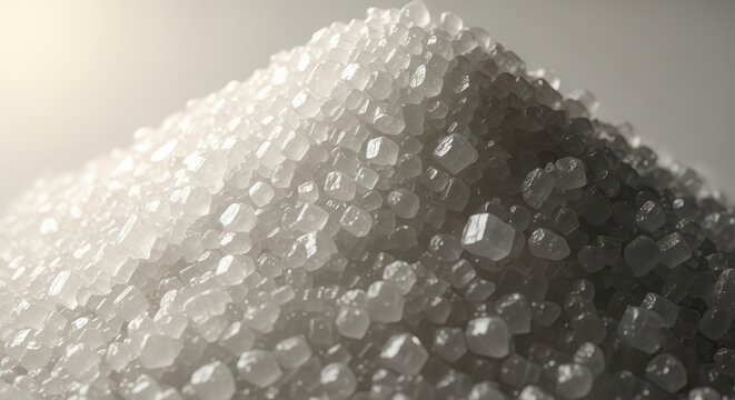 A close up view of a large pile of white crystalline sugar grains.