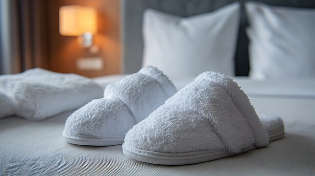 White hotel slippers placed on a clean made bed in a luxury hotel room.
