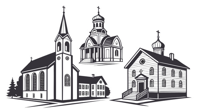 Vector illustration of traditional church architecture and chapel buildings collection with architecture