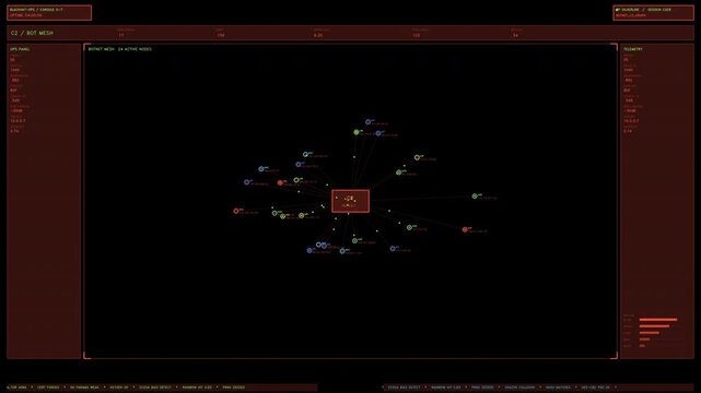 A red cybersecurity botnet mesh interface element displaying active network nodes, IP addresses, and data telemetry. Loops seamlessly with transparent alpha channel for compositing