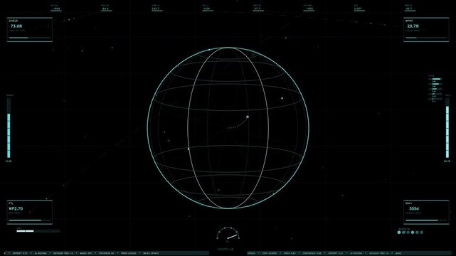 A cyan holographic globe HUD element featuring a rotating wireframe sphere, telemetry readouts, and navigation data. Loops seamlessly with a transparent alpha channel for easy video compositing