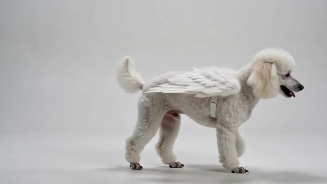 White poodle dog dressed as an angel with feathered wings on white background