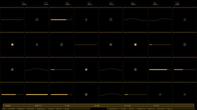 An amber telemetry grid HUD element featuring thirty two active data cells, changing metrics, and status readouts. Loops seamlessly with a transparent alpha channel for video compositing