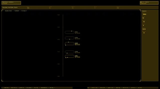 An amber aviation air traffic control interface element displaying a holding pattern stack with flight data and readouts. Loops seamlessly as an overlay