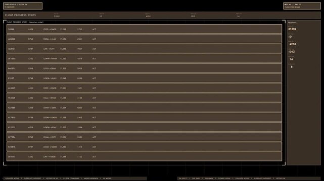 An amber air traffic control flight progress board displaying scrolling flight data strips and readouts. Loops seamlessly with a transparent alpha channel for easy video overlay