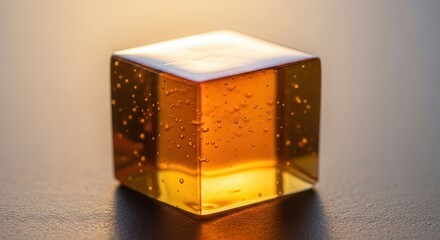 Obraz premium A single translucent amber cube of jelly with small bubbles inside, illuminated by warm light.