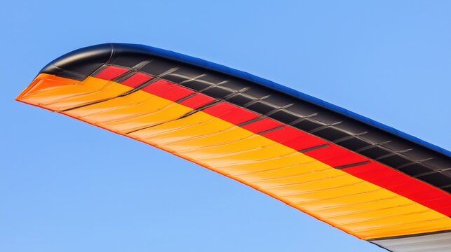 ultralight. A colorful ultralight aircraft wing extended against a clear blue sky. mobility guides, transit brochures, designed for mobility and urban transit guides.