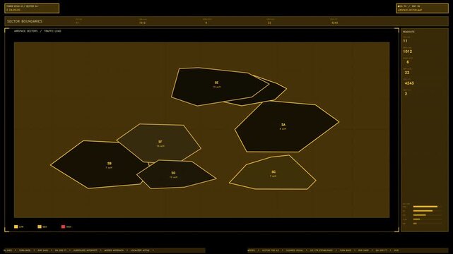 An amber air traffic control interface displaying airspace sector boundaries with updating flight data, readouts, and a scrolling ticker. Loops seamlessly as a tactical overlay
