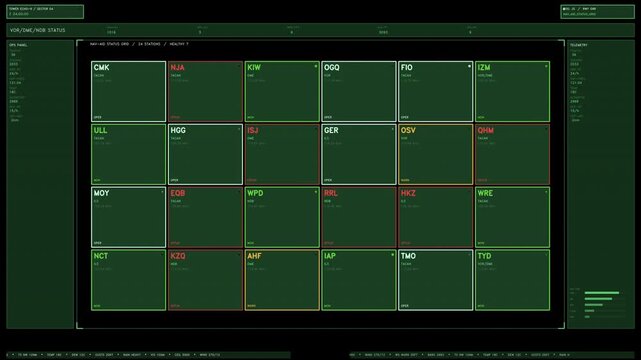 A futuristic green navigation aid status grid HUD element featuring real time telemetry updates, active station grids, and scrolling data. Loops seamlessly with transparent alpha channel
