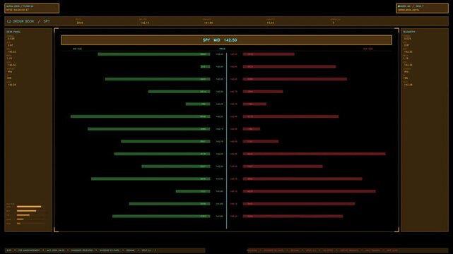 An amber financial HUD element displaying a real time L2 order book with fluctuating green bid and red ask data bars. Loops seamlessly as a transparent overlay for trading and fintech videos