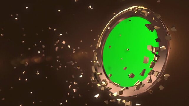 3D Luxury Gold Shield Shattering into Pieces with Round Chromakey Green Screen Window and Dynamic Floating Particles