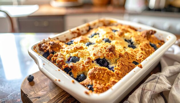 Delicious freshly baked blueberry coffee cake with a perfectly crumbly edge in a white ceramic dish