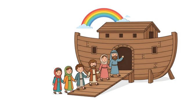 Cartoon illustration of a family walking onto a wooden ark with a rainbow in the background representing a biblical story of survival and hope