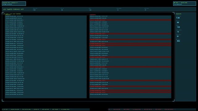 A cyan cybersecurity console panel displaying log forensic diff analysis with red tampered highlights and scrolling terminal data. Loops seamlessly as a sci fi overlay