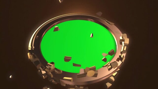 Cinematic 3D Rose Gold Ring Crumbling Apart to Expose Circular Green Screen Alpha Key Center with Floating Metallic Asteroids
