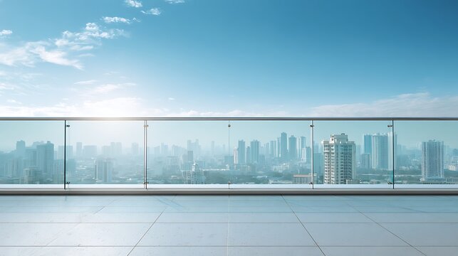 Modern glass balcony overlooking a blurred cityscape under a bright blue sky.