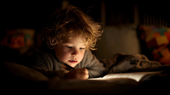 Child reading book by warm bedside lamp light, focused expression creating cozy nighttime study atmosphere